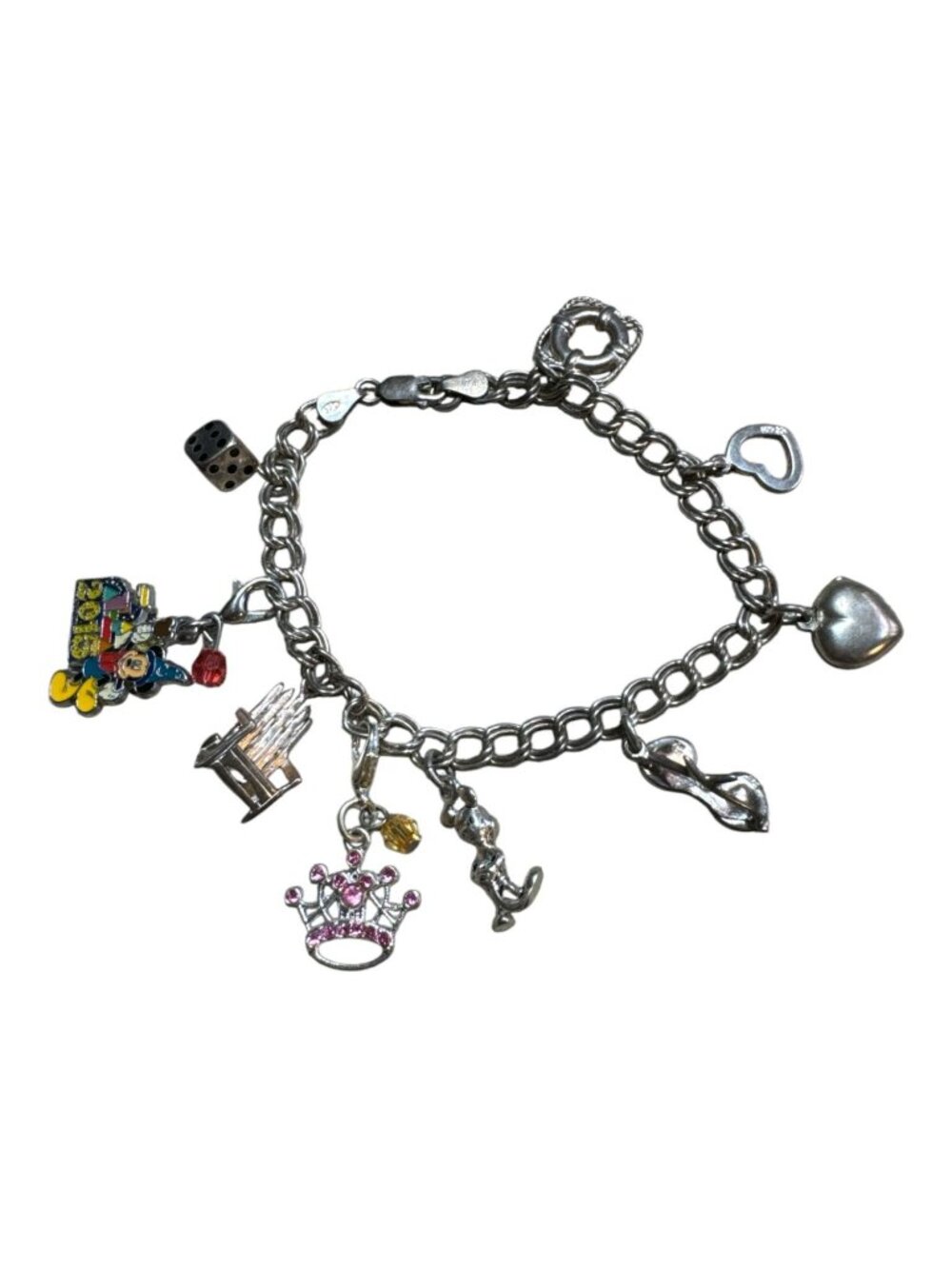 Vintage 925 Sterling Silver Disney Charm Bracelet 7" Mickey Dice Chair Heart Sun